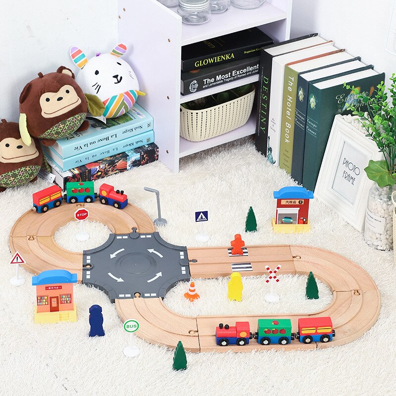 나무 철도 트랙 고속도로 라운드 아웃 세트 나무 기차 트랙 블록 액세서리 토마스 비로에 적합, 어린이 선물용 나무 장난감